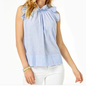 Lilly Pulitzer Kristin Top Bluebell Chambray Neon‎ Pink Clip size M